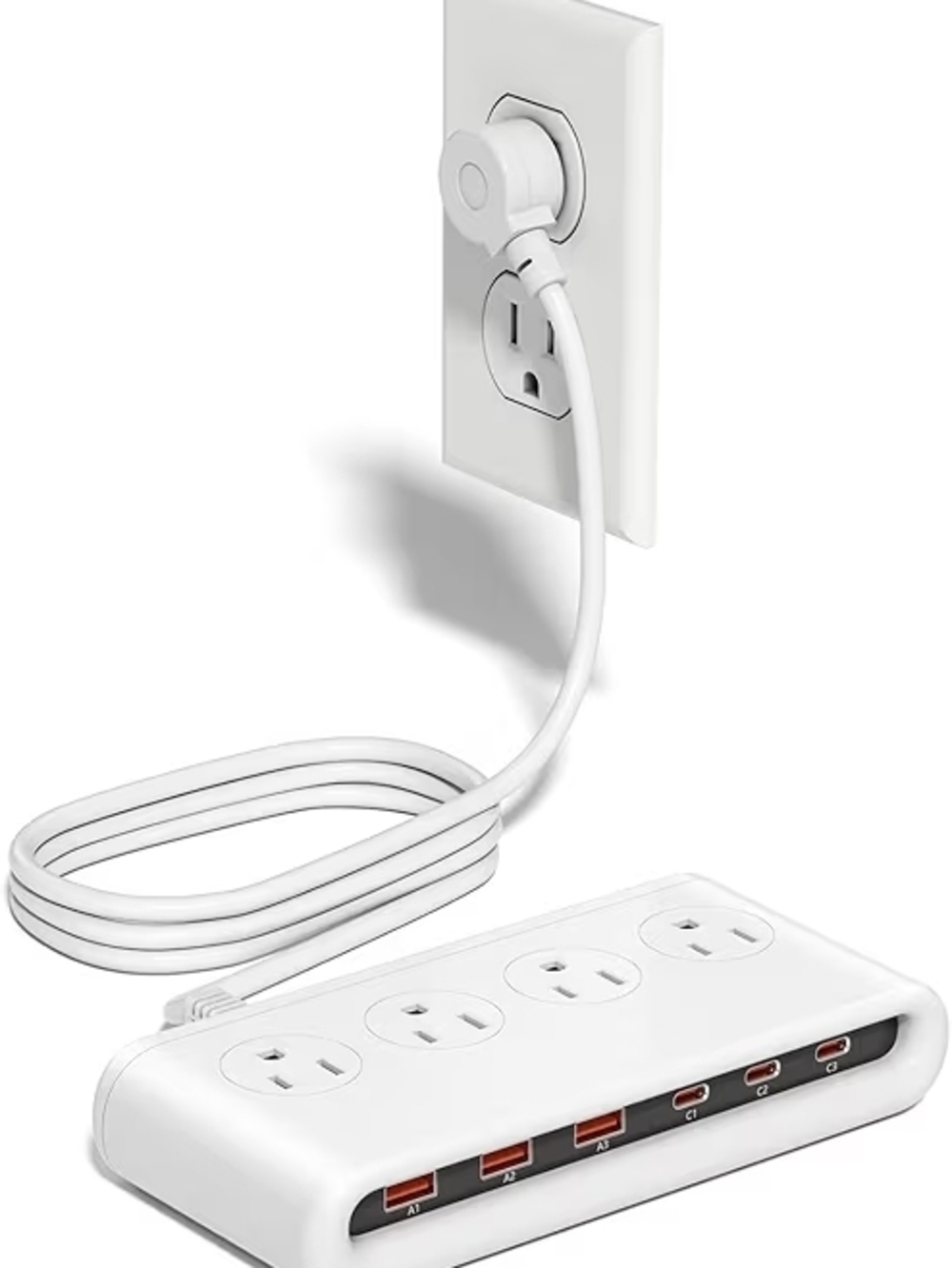 White USB Charging Power Strip with 4 AC, 3 USB A, 3 USB C